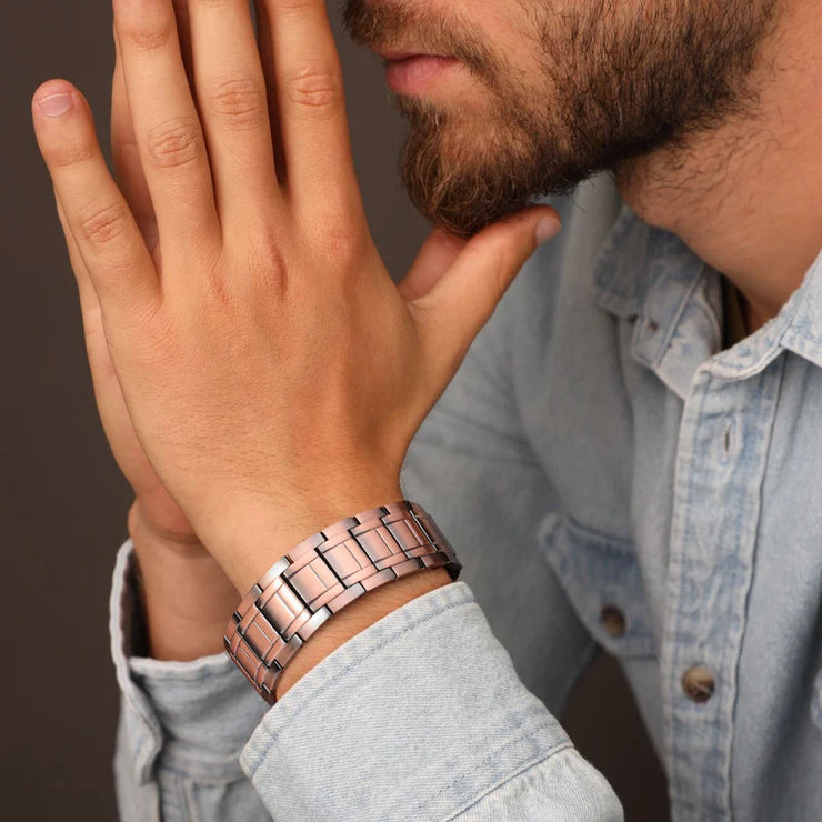 BRACELET HOMME EN CUIVRE – MAILLONS HEXAGONAUX AIMANTS ENCAPSULES AJUSTABLE