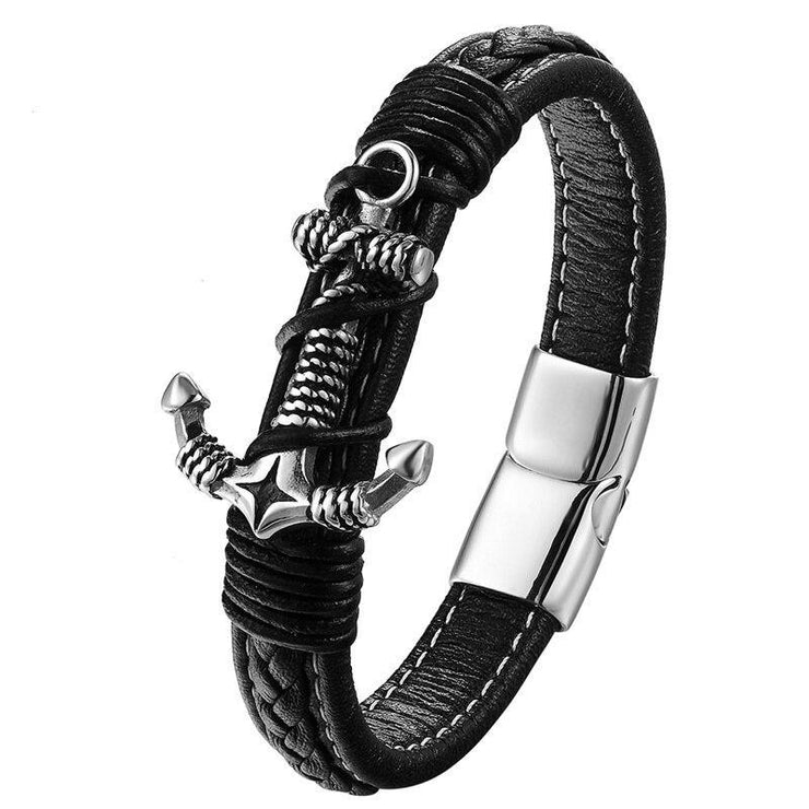 bracelet homme cuir ancre marine tressé