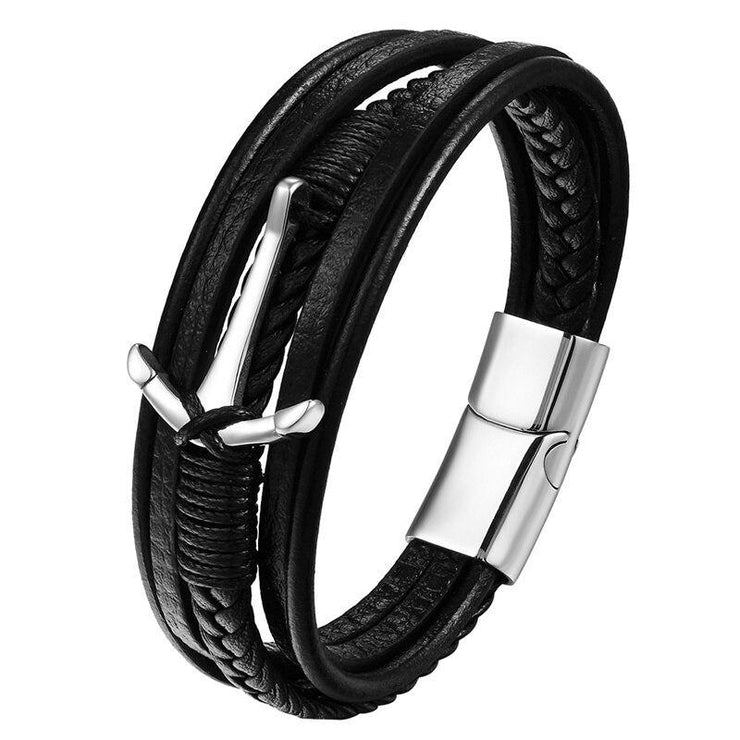 bracelet ancre cuir homme argenté