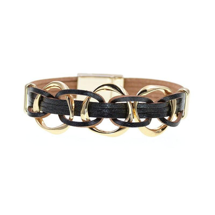 bracelet métal et cuir femme noir