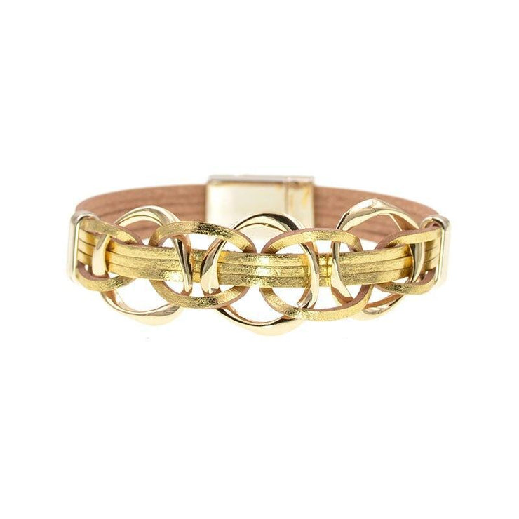 bracelet métal et cuir femme doré