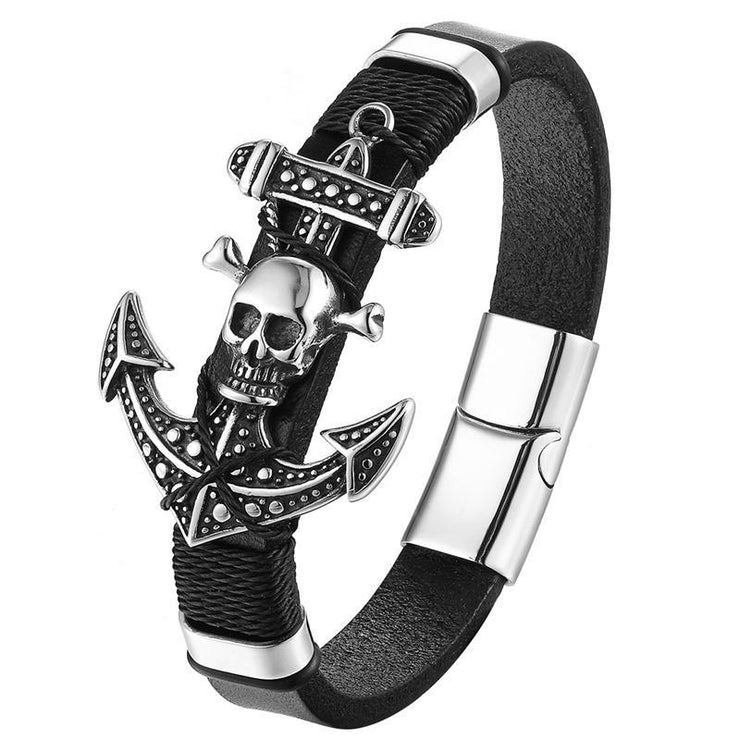 bracelet homme ancre marine cuir tête de mort