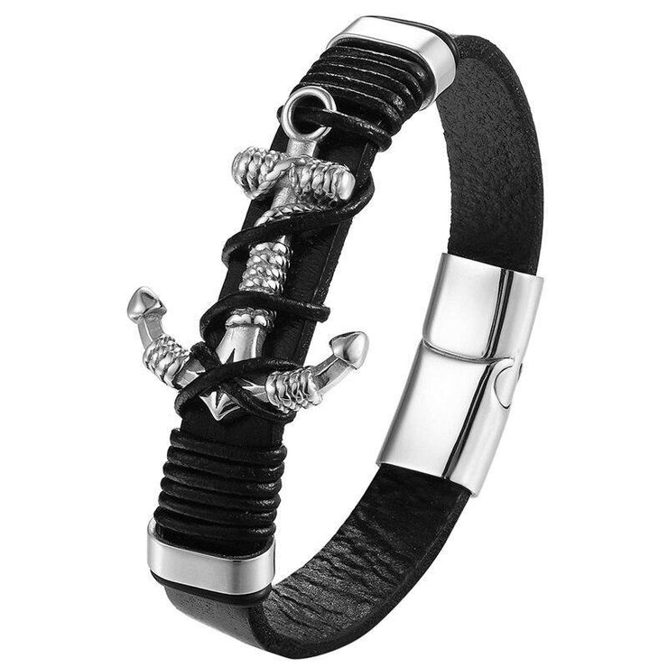 bracelet homme cuir ancre marine argenté