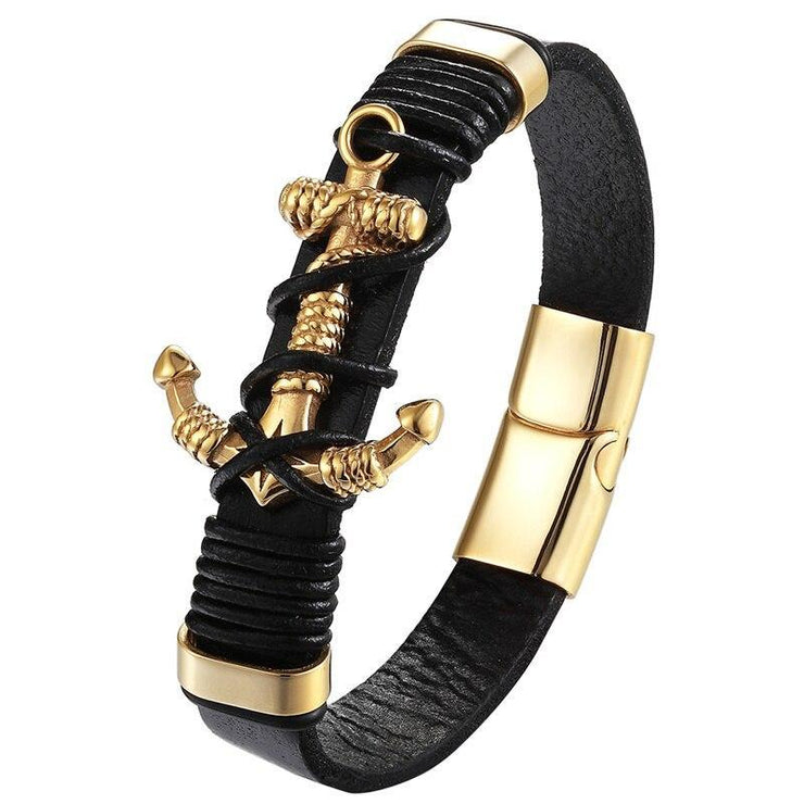 bracelet homme cuir ancre marine doré