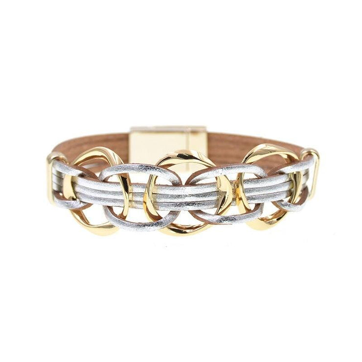 bracelet métal et cuir femme argenté