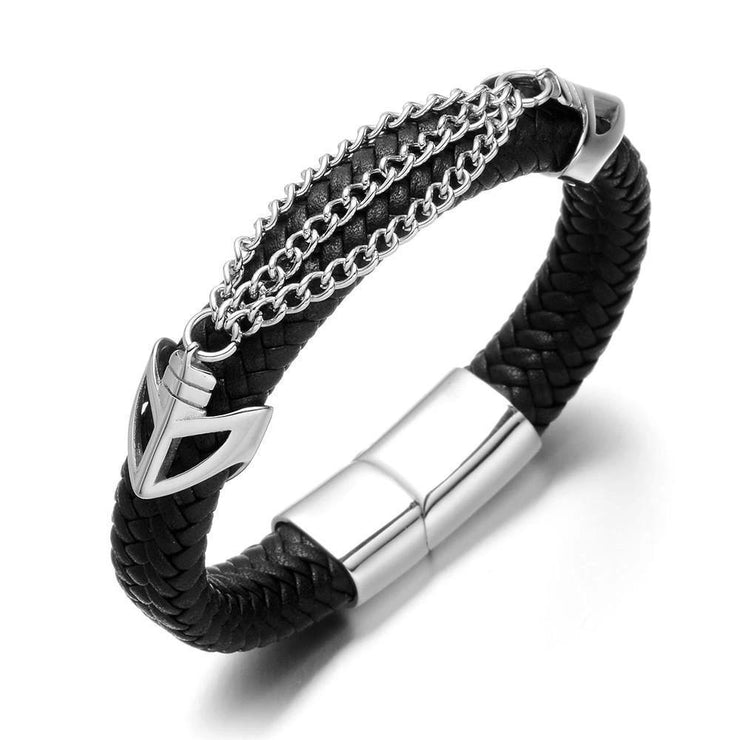 BRACELET CUIR NOIR HOMME - (ACIER)